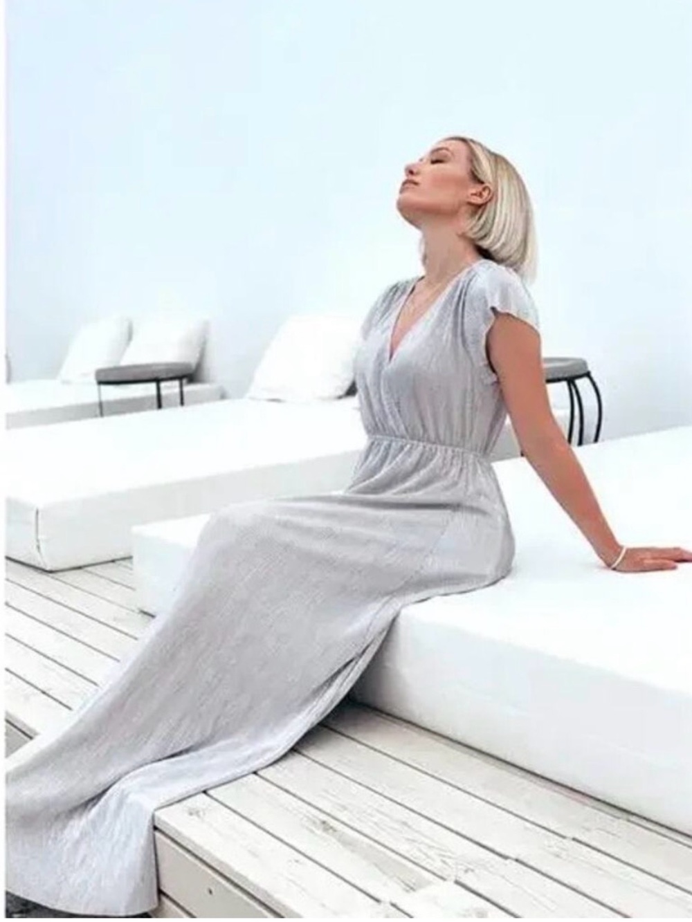 Baltic Born Athena Silver Elegant Silver Maxi Dress with V-Neck